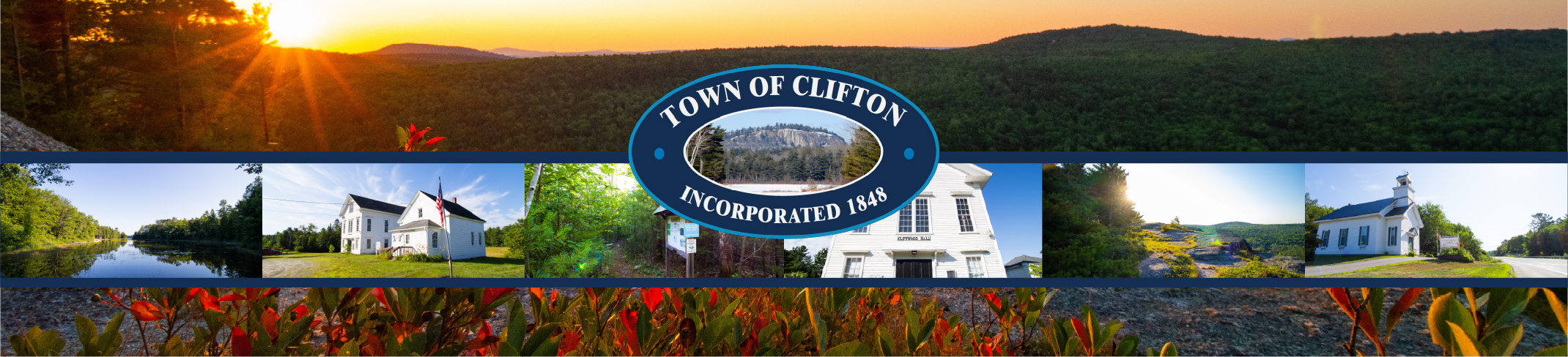 Header banner with the Town of Clifton Incorporated 1848 logo in the front and various photos from around town in the background.